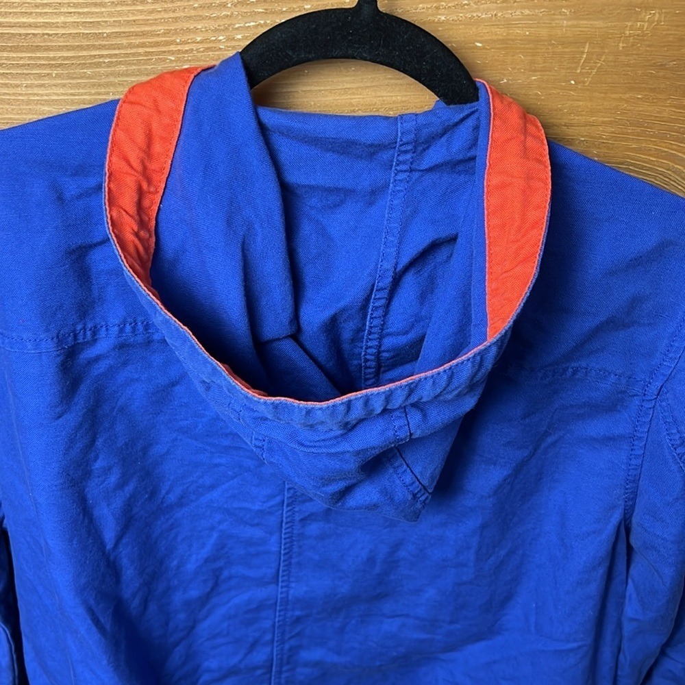J. Crew Anorak Utility Jacket Blu Orange Hooded Drawstring Cargo Pockets M Sport - Picture 9 of 10